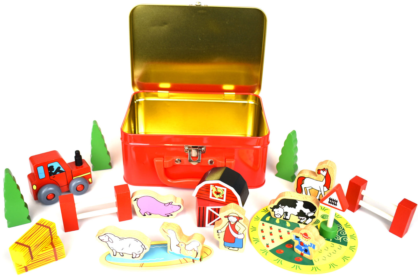 WOODEN FARM SET TIN CASE