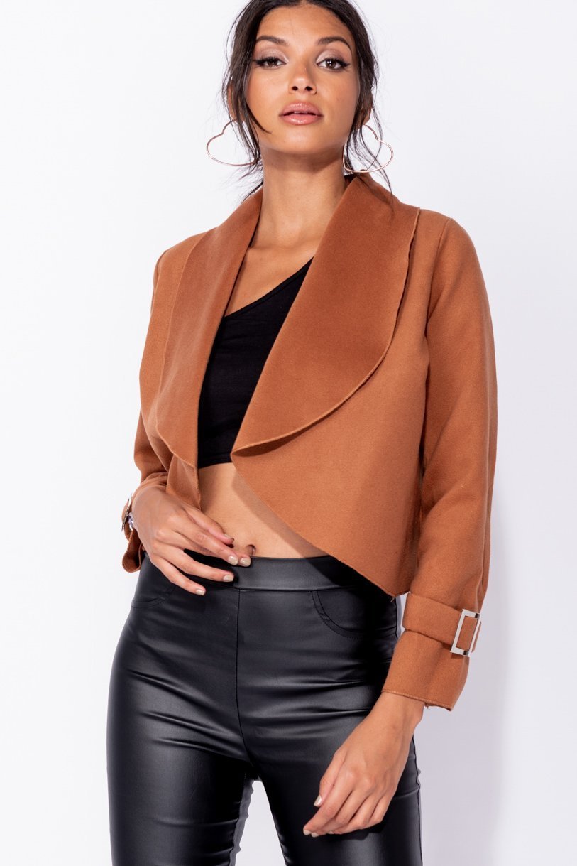 Amber Shawl Collar Dipped Hem Buckle Sleeve Jacket - Parisian-uk