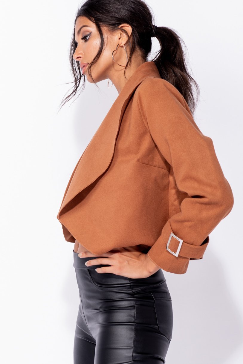 Amber Shawl Collar Dipped Hem Buckle Sleeve Jacket - Parisian-uk