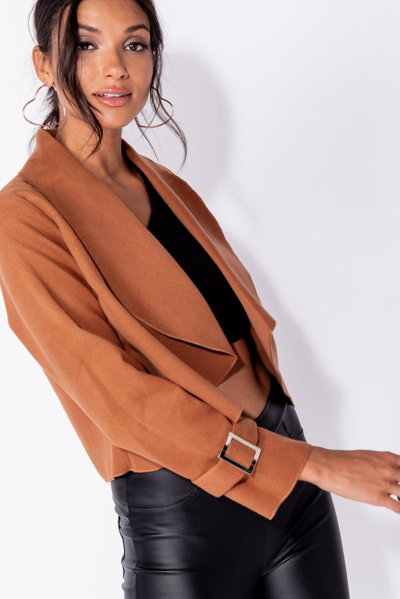 Amber Shawl Collar Dipped Hem Buckle Sleeve Jacket - Parisian-uk